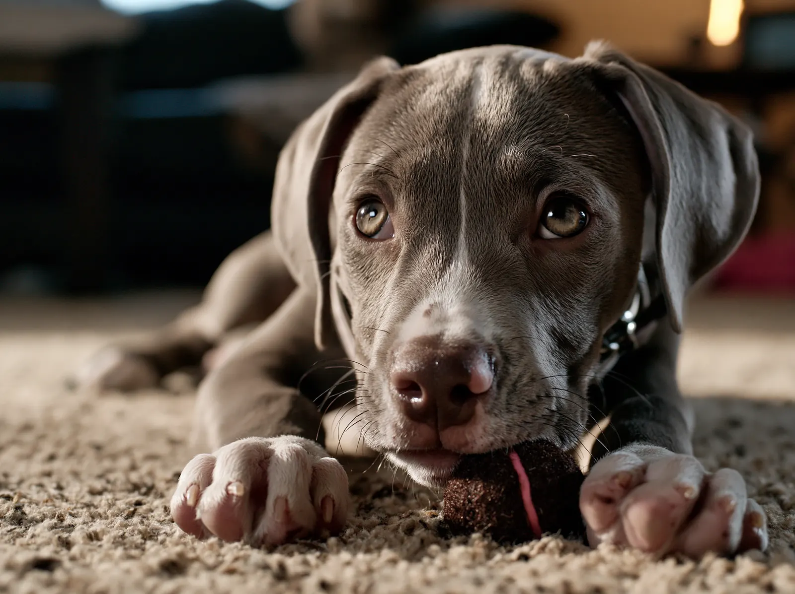 A grey puppy lying on a carpet, resting its head on its paws