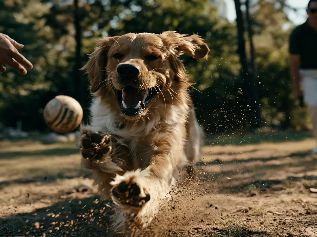 A dog at play indoors
