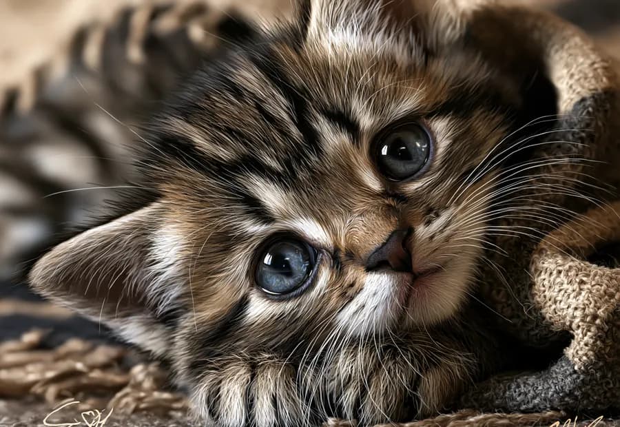A tabby kitten curled on a blanket