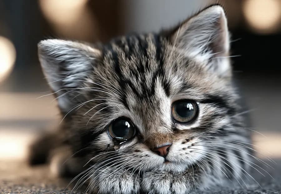 A kitten looking up at the camera
